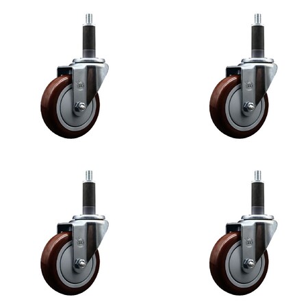 Service Caster 4'' SS Maroon Poly Wheel Swivel 1'' Expanding Stem Caster Set, 4PK SCC-SSEX20S414-PPUB-MRN-1-4